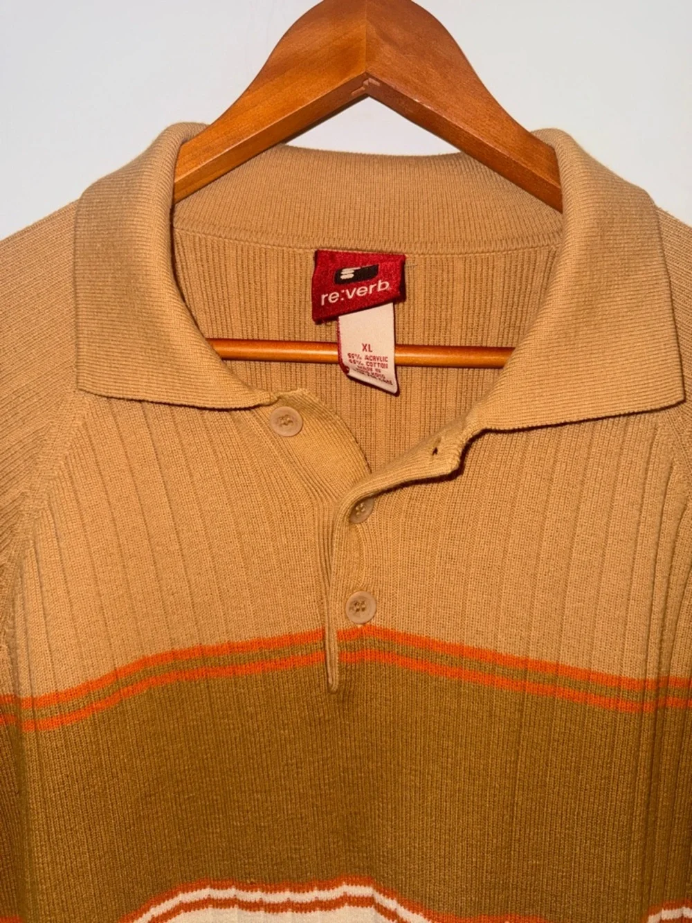 Vintage Y2K Reverb Ribbed Knit Polo Shirt Tan Brown Orange Striped XL